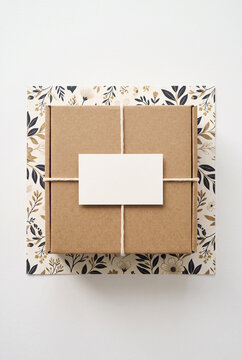 Top-down view of square cardboard gift box on elegant wrapping paper, clean blank label or business card, minimalist white background, simple product mockup composition. Close-up.