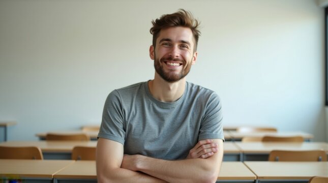 Profesor joven de secundaria apoyado de manera informal contra un escritorio, aula moderna y minimalista