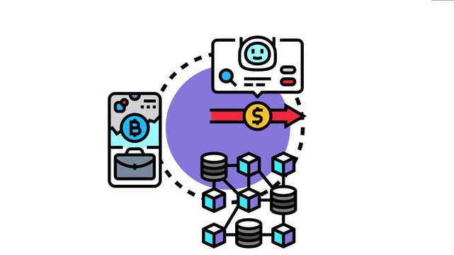 Digital asset trading concept showing a network connecting users, mobile finance applications with virtual currency, and a distributed ledger system for secure transactions