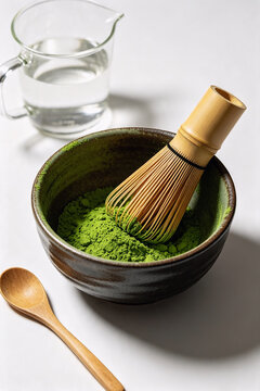 Traditional Japanese matcha tea set 45 degree angle still life on white