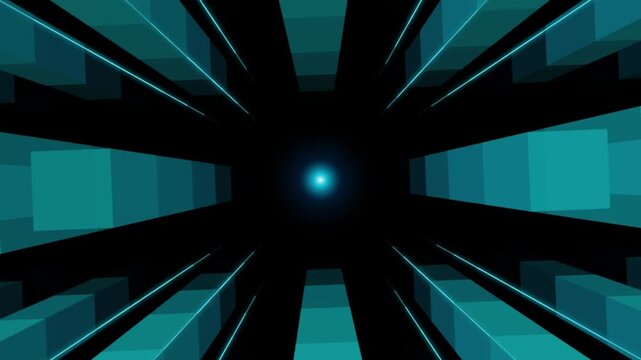 3D turquoise cube tunnel perspective flying through tech background motion graphic
