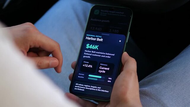 Business owner reviews regional performance on a smartphone, comparing customer growth and revenue metrics through a mobile analytics dashboard.