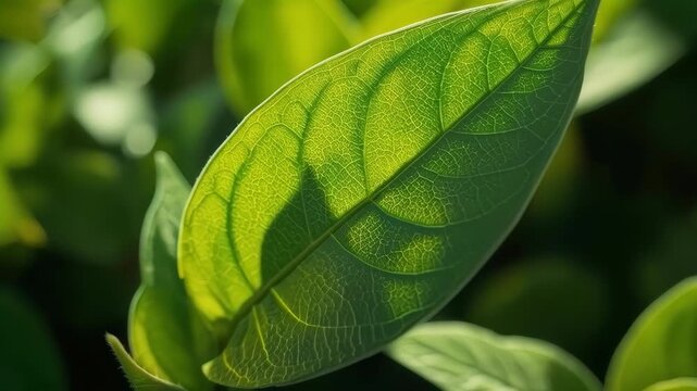 Green leaf macro with sunlight, fresh plant texture, natural soft light closeup