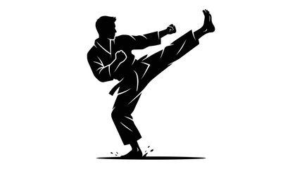 Fototapeta premium Karate silhouette of a man performing a high kick, martial arts action, isolated on white