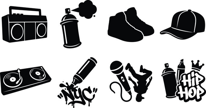Set of black hip hop and urban culture icons featuring boombox, graffiti, and breakdancer