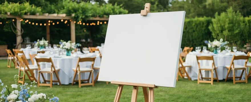 Blank white easel board standing at an outdoor wedding garden party. Ideal for seating charts or event sign mockups.