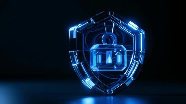 Glowing Neon Shield Protecting a Glass Data Core for Cyber Security Concept