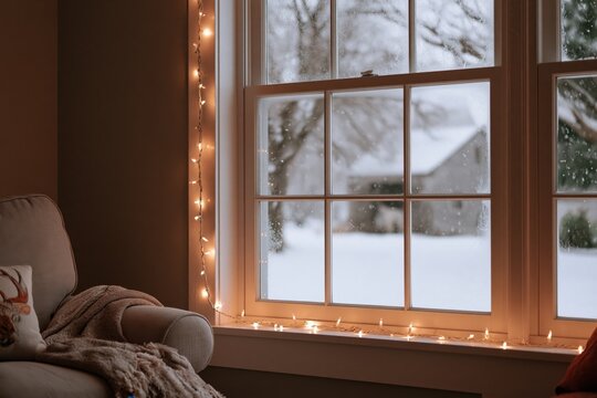 Cozy Winter Window with Warm Fairy Lights Overlooking a Snowy Evening Landscape