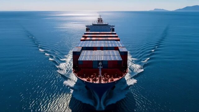 Aerial View of a Clean Electric Cargo Ship with Solar Panels on the Ocean
