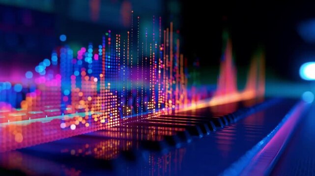 Glowing Sound Waves and Colorful Dots over a Modern Music Keyboard