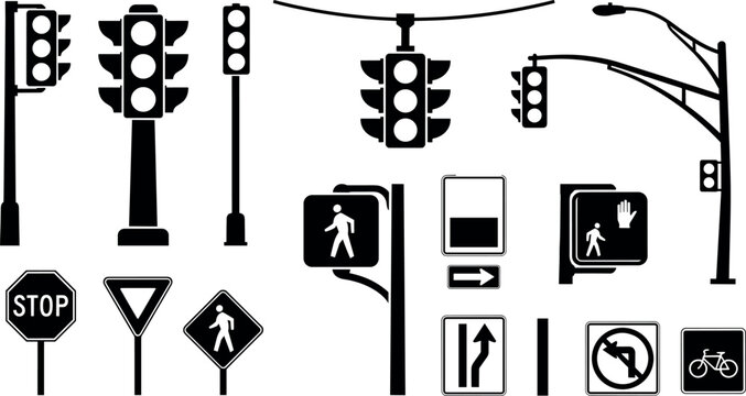 Traffic Light and Road Infrastructure Solid Silhouette Icon Set Featuring Pedestrian Crossing Signs Stop Sign Hanging Signals and Bicycle Lane Graphics