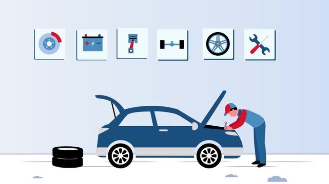 Professional mechanic performing engine maintenance on blue automobile with repair icons in this flat style vector motion graphic video clip