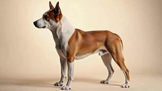 Alert and focused sighthound on stand, with attentive posture and pointed ears, looking to the left.