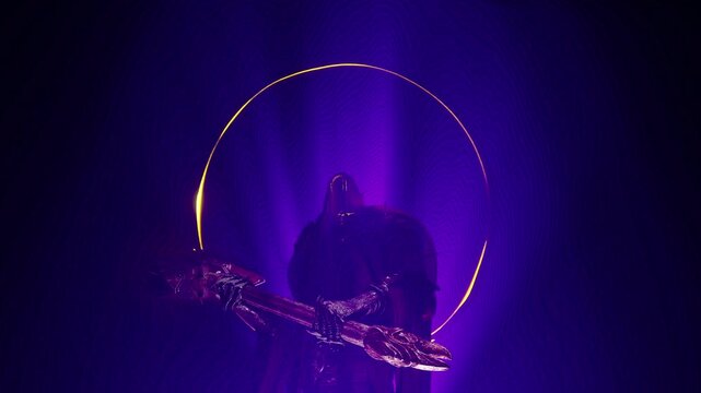 Animated 3D Render of Hooded Executioner Warrior Posing in Front of Purple Halo Ring