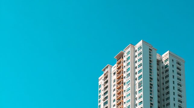 Modern apartment building exterior featuring white concrete balconies and many windows set against a clear bright vibrant turquoise blue sky