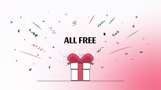 White gift box with red ribbon exploding with colorful falling confetti in an animated motion digital marketing promo video clip