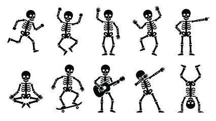 Obraz premium Funny skeleton character collection performing diverse leisure activities and poses in black silhouette