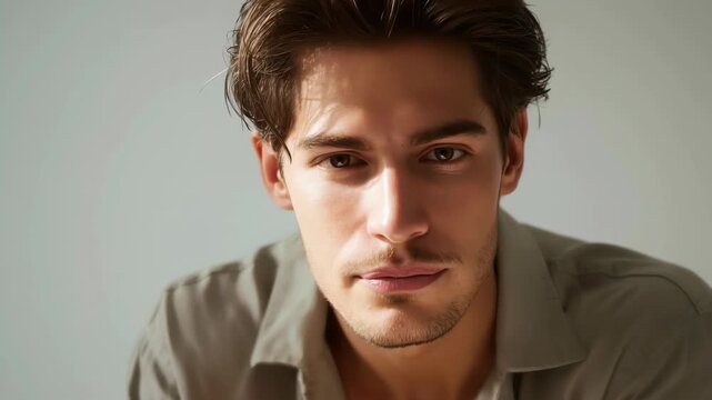 Portrait young man face neutral expression side view profile casual shirt soft light studio