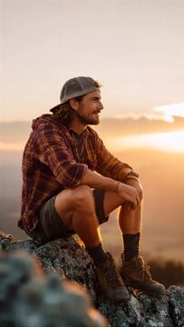 Hiker Sitting on Rock in Rim Light Sunset