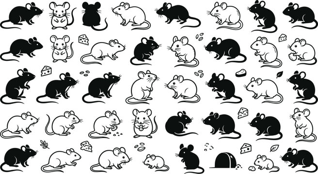 Cute mouse and rat silhouette line icon set vector illustration featuring minimalist black and white cartoon rodents eating cheese by a mousehole