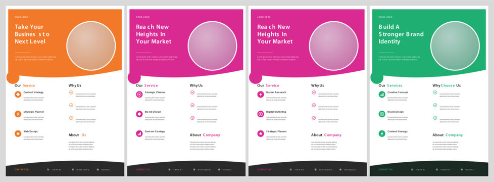 Professional business flyer and corporate marketing poster design templates featuring four color variations for effective promotional advertising