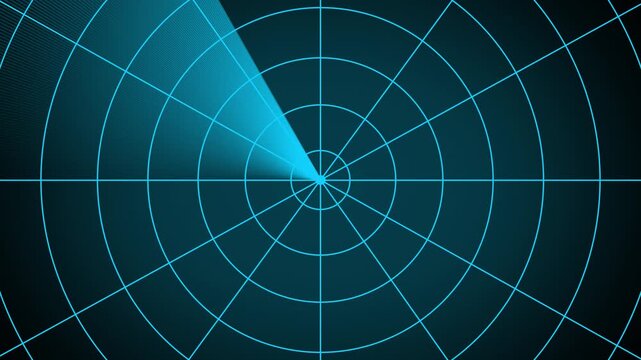 Futuristic digital radar interface data detection and monitoring technology. Blue scanning beam over grid display, Signal transmitted sonar radar .Radar point to detect enemy position. 4k