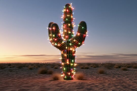 Christmas Lights on Saguaro Cactus at Sunset in the American Southwest Desert