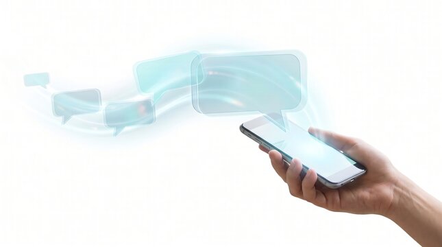 Hand Holding Smartphone with Glowing Chat Bubbles Floating from Screen, Mobile Communication Concept.