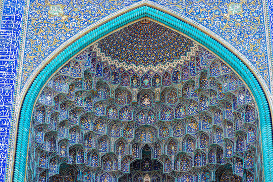 Detail of Muqarnas and Blue Mosaic Tiles of the Shah Mosque