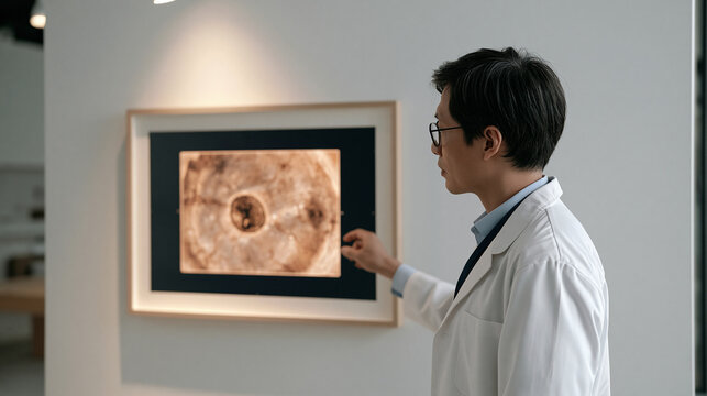 An ophthalmologist stands alone in a minimalist studio setting reviewing magnified retinal scan imagery on a wall-mounted display, single spotlight illuminating concentration and