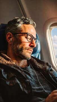 Man Sleeping Beside Airplane Window in Sunlight
