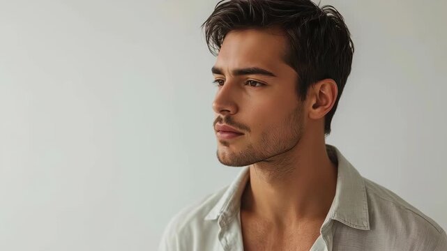 Male portrait young man profile white shirt neutral background thoughtful expression side view