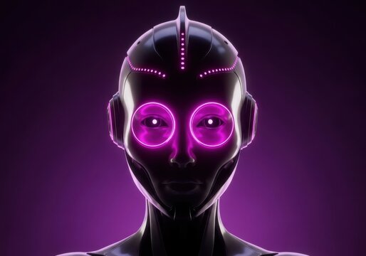 Futuristic portrait of a sleek black robotic android head with glowing pink circular eye accents and neon light details, set against a dark purple background