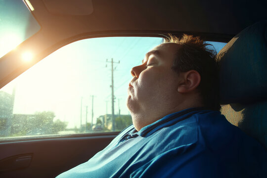 A man sits in a car with his eyes closed, enjoying the warmth of sunlight coming through the window. It is early morning, and he appears relaxed