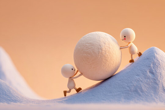 Two small figures work together to push a big snowball up a hill covered in snow as the sun sets in the background, creating a warm glow