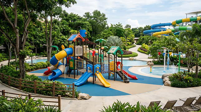 Colorful playground in a vibrant outdoor park setting.