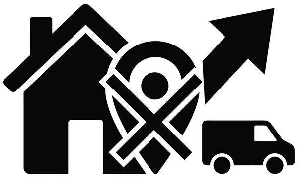 Black silhouette icon representing real estate relocation or moving house with relocation location delivery transport silhouette property