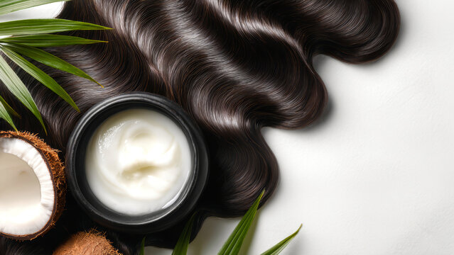 Close view of a black bowl with white coconut oil beside a half coconut and long dark brown hair. This setup is placed on a clean white background