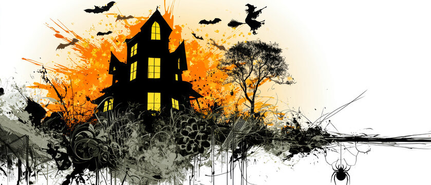 A spooky house stands with glowing windows. Bats fly in the sky above. A spider hangs below. The scene captures the Halloween spirit with bright colors