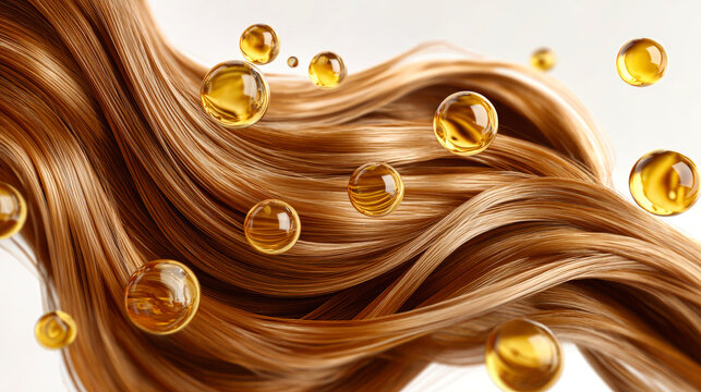 Long wavy brown hair flows with golden oil droplets. This visual concept is designed for cosmetic product promotion, highlighting hair health