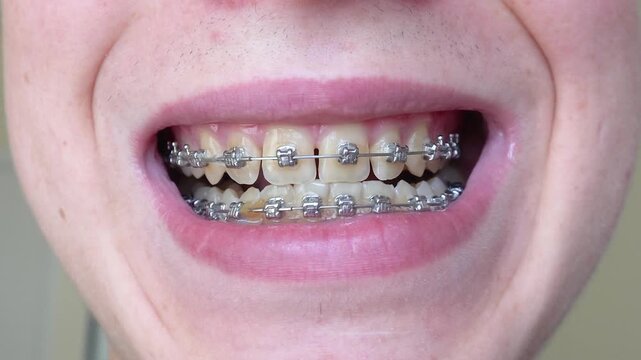 Smile with metal braces on teeth. Orthodontic brackets on upper and lower teeth. Dental treatment close-up.