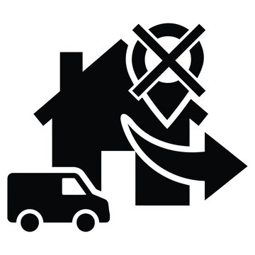 Black silhouette icon showing a delivery van and house relocation map pointer with relocation location delivery transport silhouette property