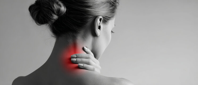 In a simple setting, a woman turns her back and touches her neck, showing signs of discomfort. Red highlights a specific area in her neck