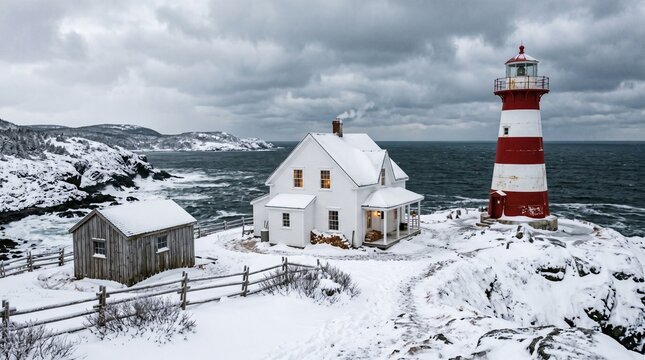 Red and white lighthouse in snowy coastal town
