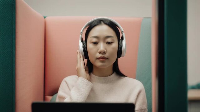 Young Asian woman working in an acoustic office pod. Female professional wearing headphones and focusing on laptop. Modern workspace concept