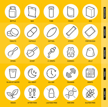 Dietary supplement packaging and dosage forms icon set for design, branding, persentation. The outline vector icons are well scalable, editable for packaging label design. EPS10.