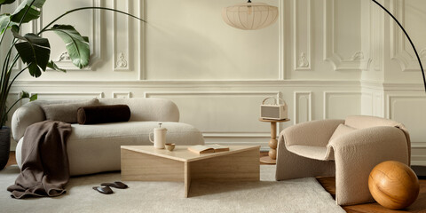 Modern minimalist living room interior with cream sofa, armchair, wooden coffee table, large plant, and elegant wall molding decor for home design © FollowTheFlow