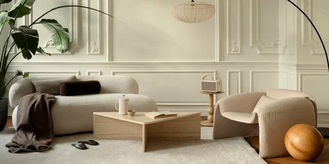 Modern minimalist living room interior with cream sofa, armchair, wooden coffee table, large plant, and elegant wall molding decor for home design © FollowTheFlow