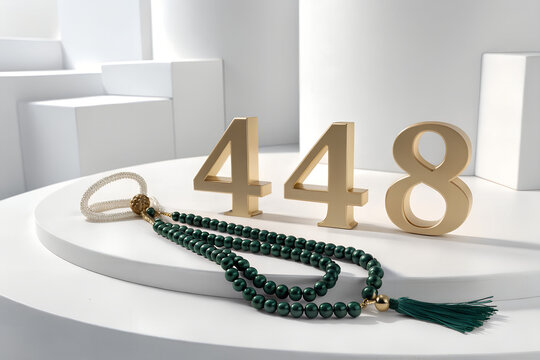 Green prayer beads and gold numbers 448 on white platform background