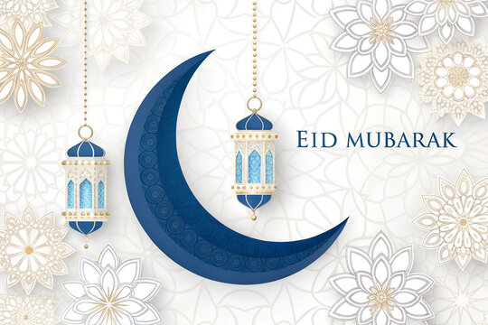 Eid mubarak festive background with blue crescent moon and lanterns